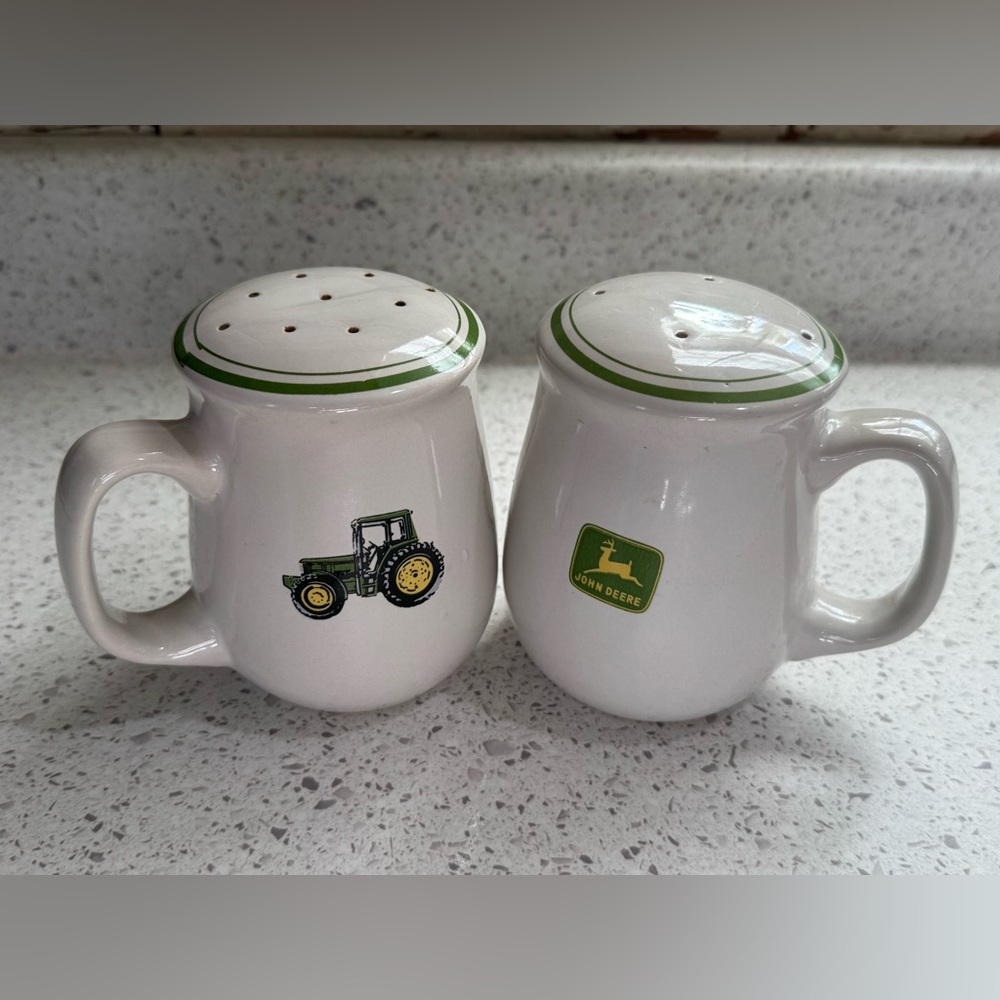 Gibson John Deere Tractor Ceramic Salt & Pepper Mug Shakers 4.5”